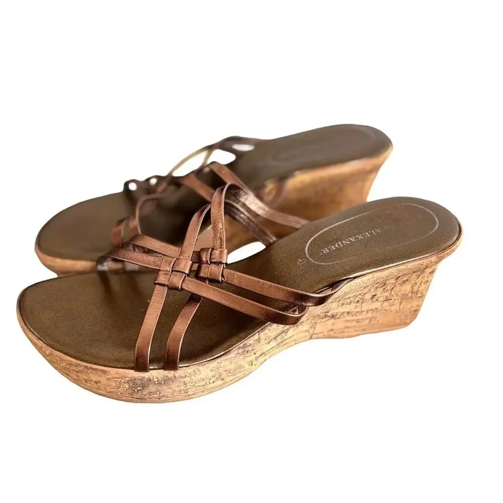 Y2K VTG. CHUNKY BROWN/BRONZE LEATHER WEDGE SANDALS SZ.‎ 9.5-10 EUC